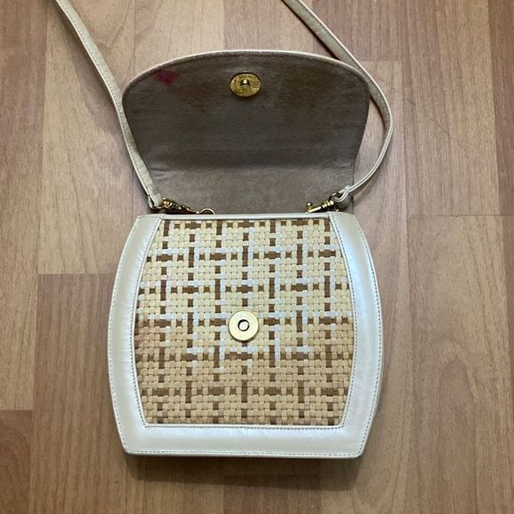 Vintage Theodora Cream Leather and Tan Canvas Accent Crossbody Bag Made in USA - Picture 3 of 9